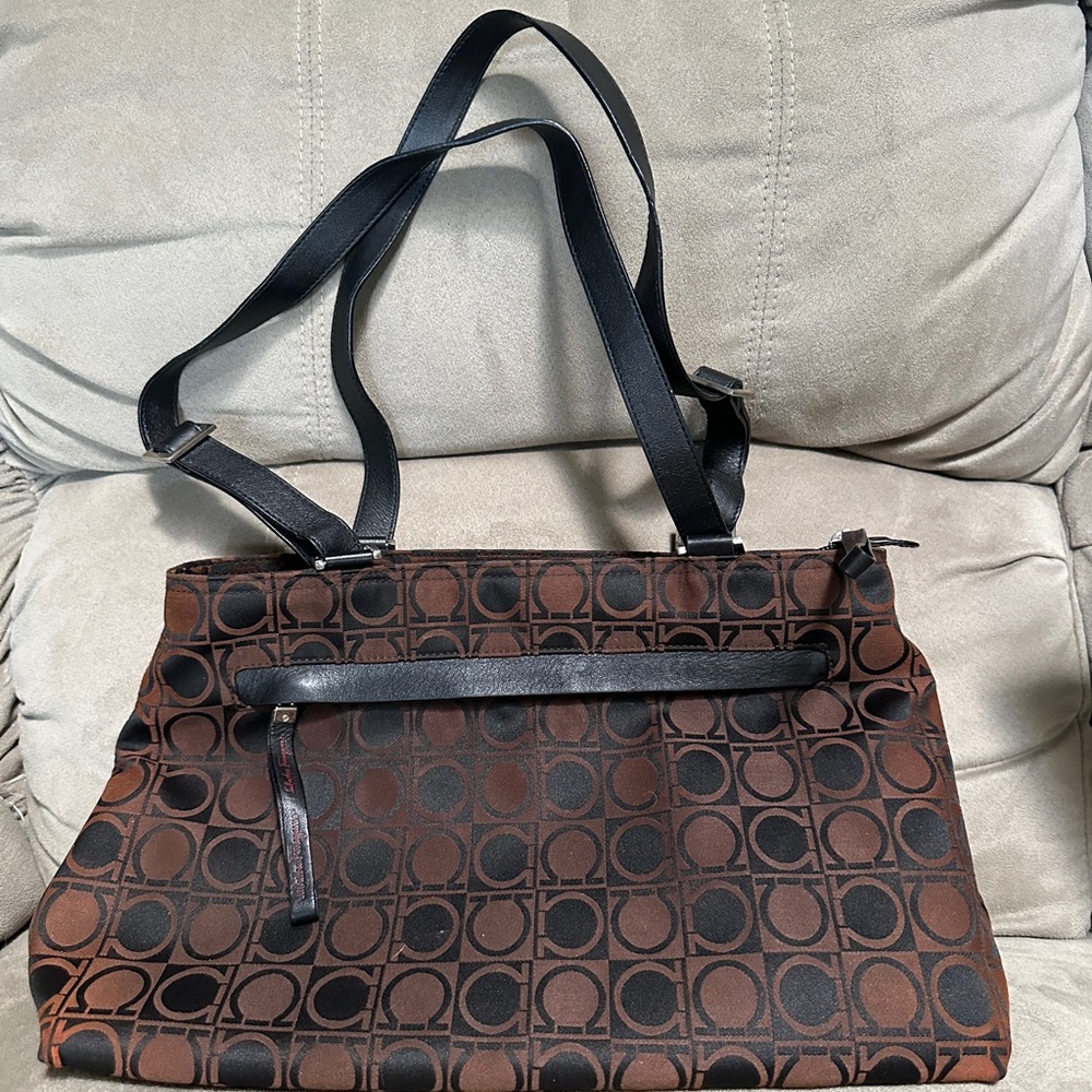 Authentic Salvatore Ferragamo Brown and Black 2000s Canvas Tote Bag